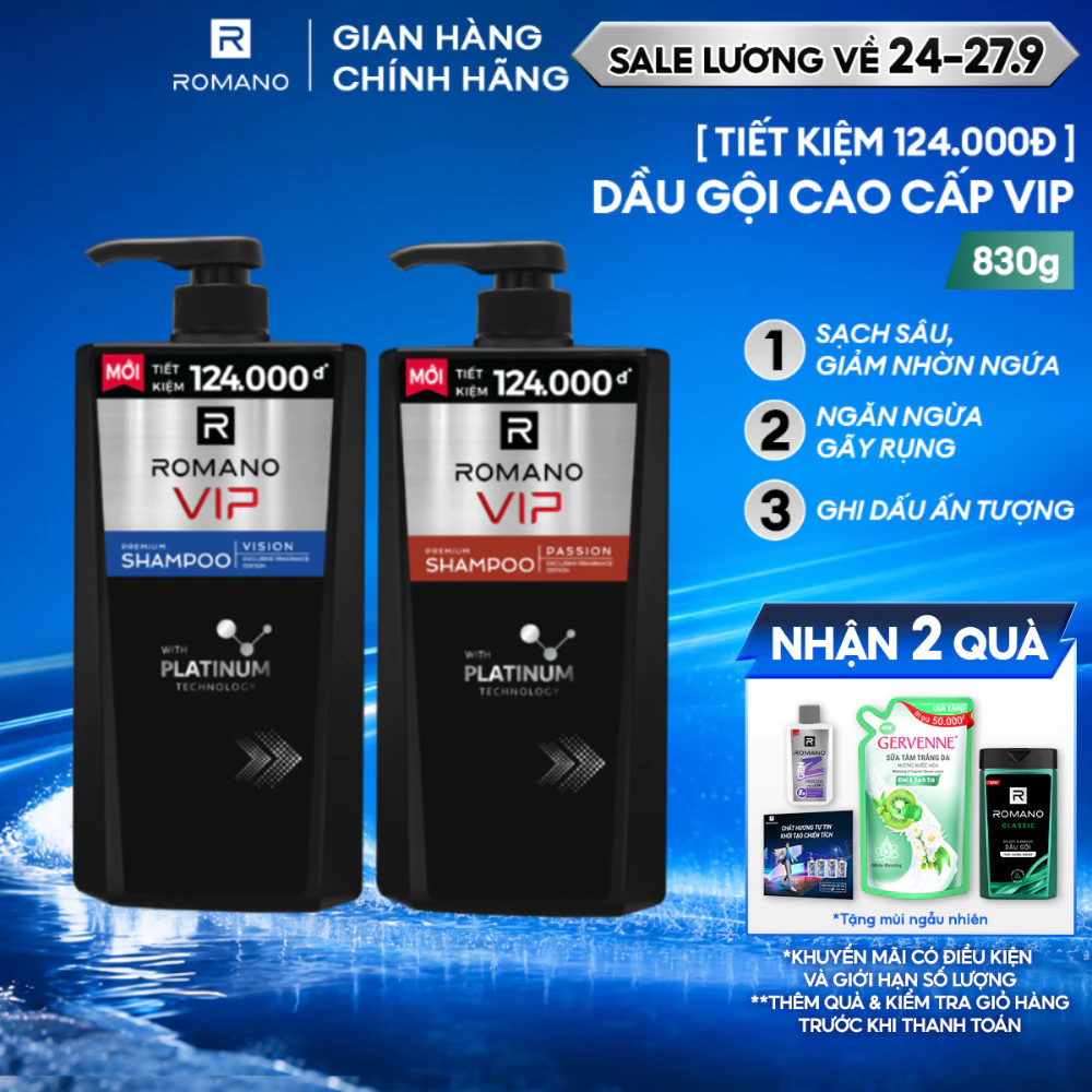 [Dung Tích Lớn] Dầu gội nam Cao Cấp Romano VIP Passion / Vision mùi Hương Bí Ẩn Nam Tính 830G