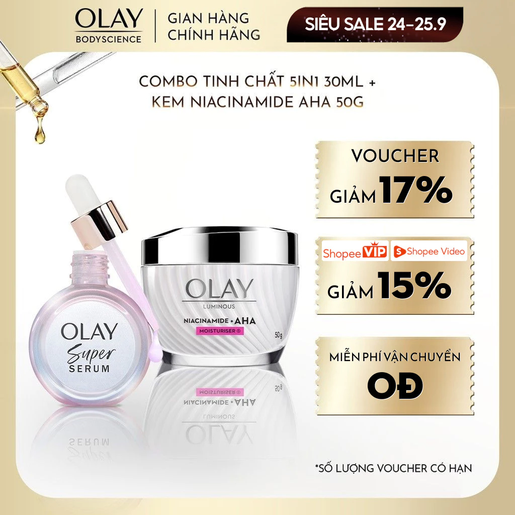 Combo Super Serum OLAY 5IN1 Chai 30ml + Kem Dưỡng Sáng Da OLAY Luminous Niacinamide Kết Hợp AHA 50G