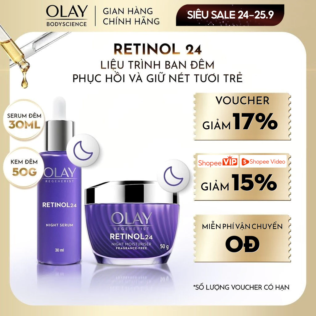 [LIVE] Combo Kem Dưỡng 50g + Tinh Chất Serum OLAY Retinol 24 Ban Đêm Tái Tạo Da Chống Lão Hóa Toàn Diện 30ml