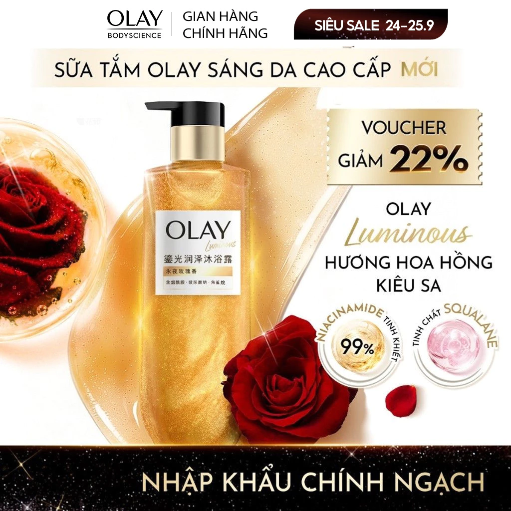 [MỚI] Sữa tắm Olay Luminous Hương Nước hoa - Hoa hồng quý phái, bổ sung Niacinamide và Squalane dưỡng sáng & dưỡng ẩm