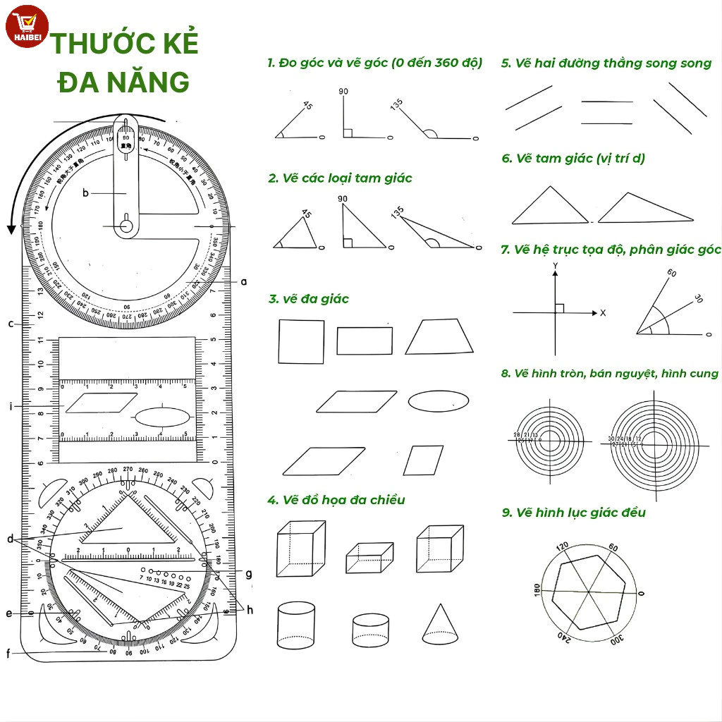 Thước vẽ toán học đa năng, thước hình học, có thể xoay, trong suốt, đa chức năng.