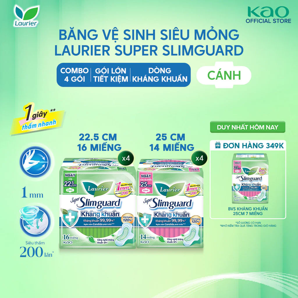 [LIVESTREAM - GÓI LỚN TIẾT KIỆM] Combo 4 Băng Vệ Sinh Laurier Siêu Mỏng 1mm Kháng Khuẩn