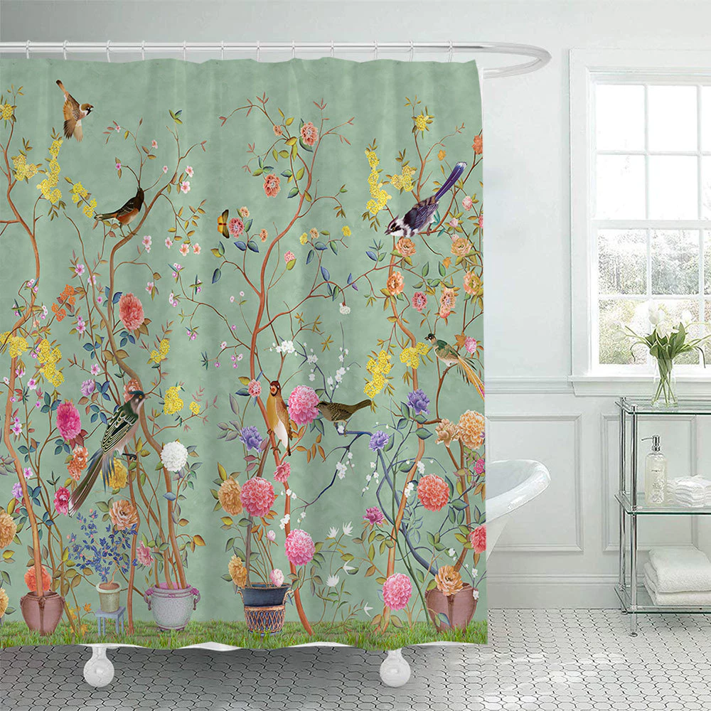 Bộ rèm tắm in hình chim hoa xanh Bộ rèm ngăn phòng tắm chống nước bằng vải Polyester
