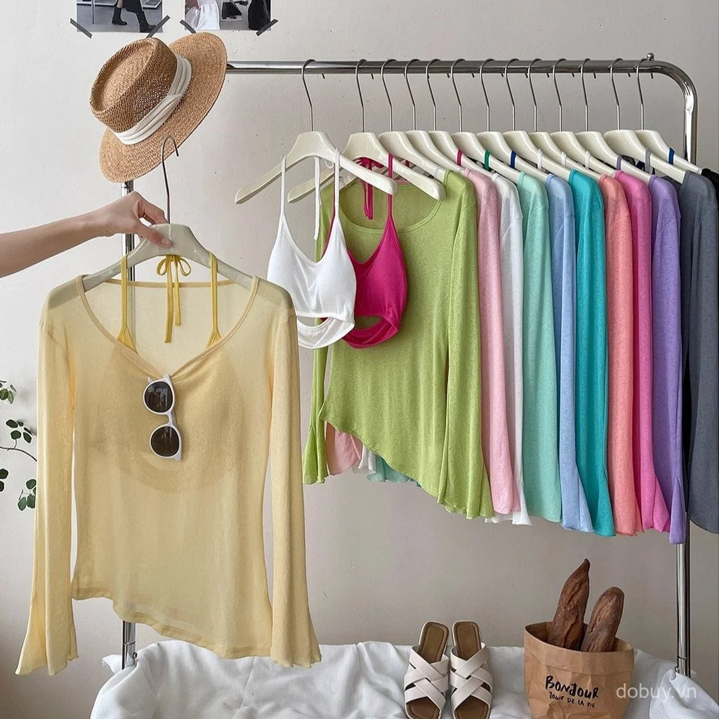 Phụ nữ Sheer Flare dài tay chống nắng Top Matching Halter Camis Trang phục hai mảnh