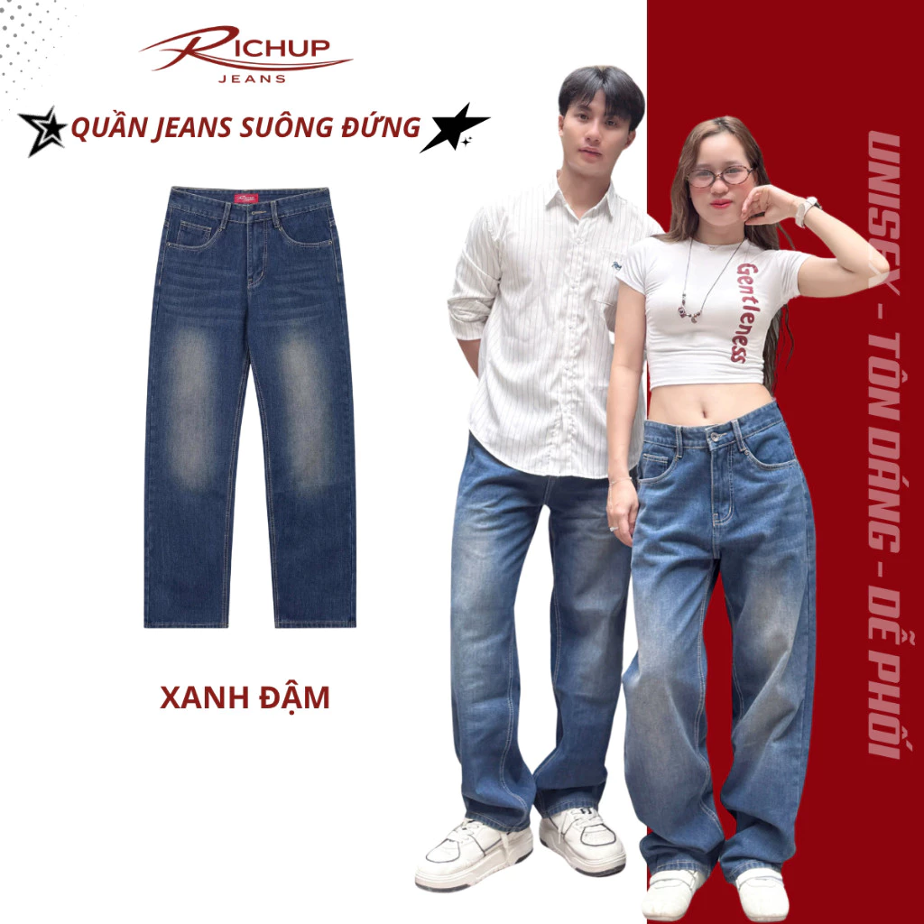 Quần jeans suông ống đứng cho nam và nữ RICHUP chất liệu denim bền đẹp form suông che khuyết điểm mặc là đẹp R011
