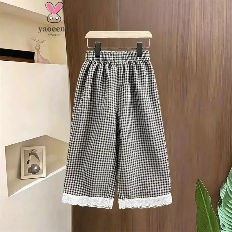 【YAOEENH】90-160CM Bé Gái Kiểm Tra Quần Thẳng Trung Bình Lớn Trẻ Em Mỏng Phong Cách Thoáng Khí Rời Thường Ngày Ren Viền Giữa Eo Quần Dài Đến Mắt Cá Chân Hàng Có Sẵn