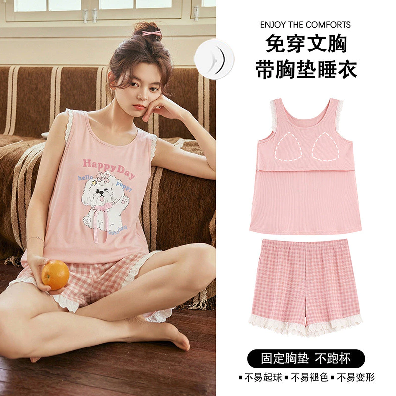 Bộ Đồ Ngủ Nữ Bộ Đồ Ngủ Mùa Hè Ánh Sáng Thoải Mái Có Thể Thở Tốt Quần Short Không Tay Bộ 2 Món Có Thể Mặc Bên Ngoài Hoạt Hình Dễ Thương Homewear