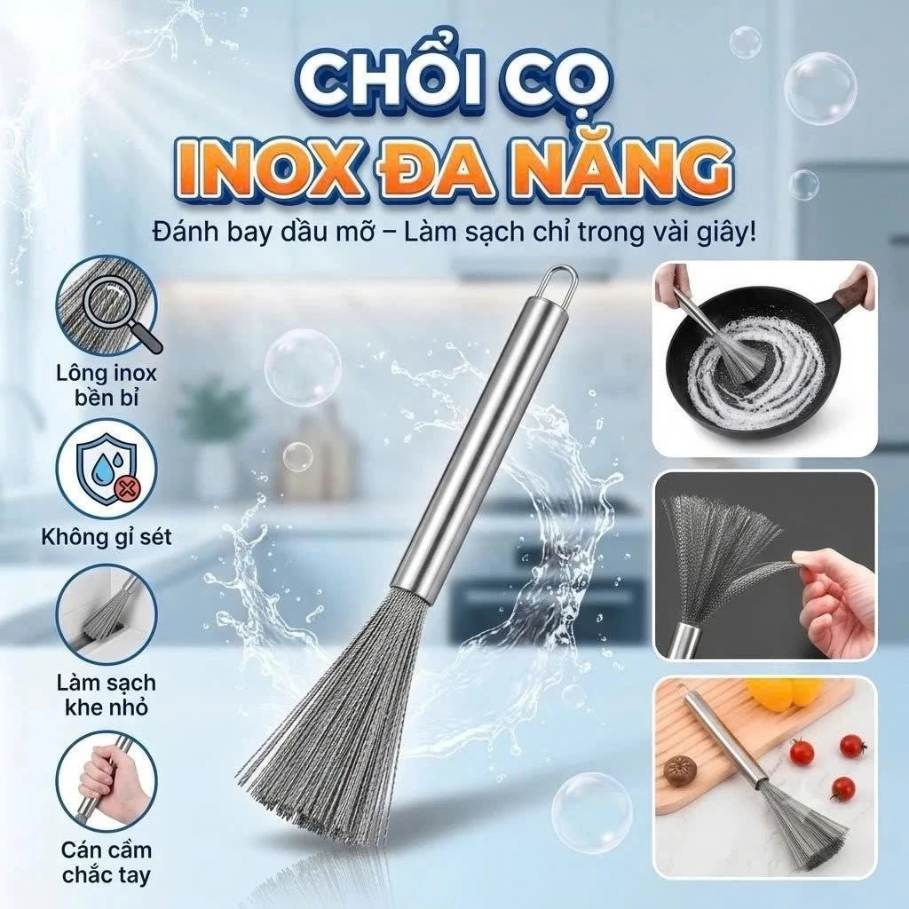 Chổi Cọ Xoong Nồi Inox 304, Bàn Chải Cọ Bát Đĩa, Rửa Chén Bát Vệ Sinh Bếp Tay Cầm Chống Trầy Xước Tay VN-7624