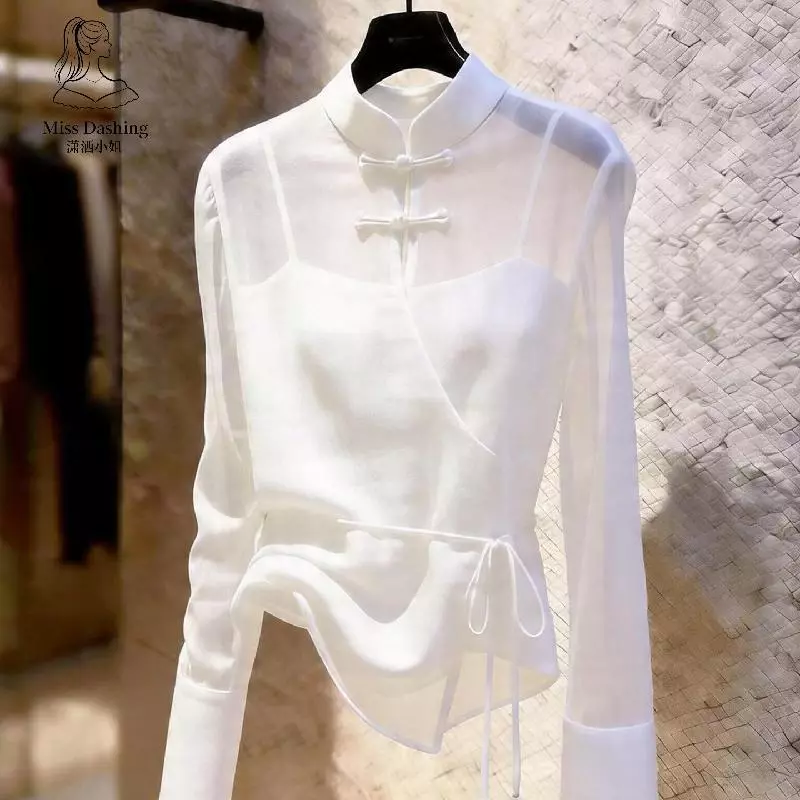 Mới Phong Cách Trung Quốc Phối Ren Áo Sơ Mi Nút Nhẹ Trưởng Thành Slim-fit Siêu Cổ Tích Tính Khí Tay Ngắn