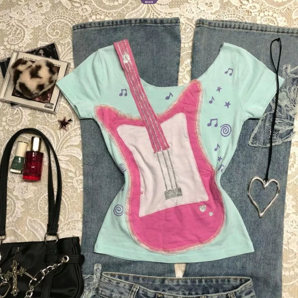 Ngọt Ngào Retro Mặc Guitar In Áo Thun Tay Ngắn Nữ Mùa Hè Hot Girl Rock Ngắn Chặt Top Cô Gái