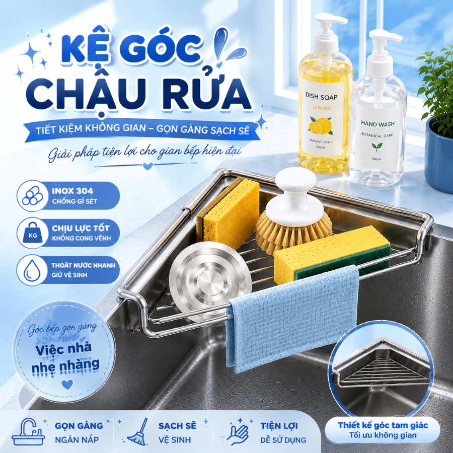 Kệ Góc Chậu Rửa Inox 304 Cao Cấp, Giá Để Đồ Bồn Rửa Chén Đa Năng Thoát Nước Nhanh Chống Gỉ Homieshop
