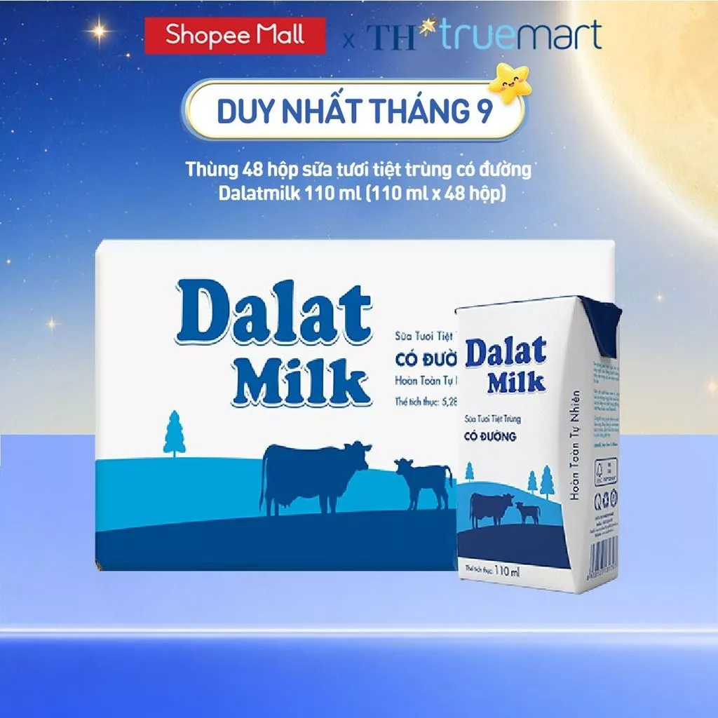 [Freeship HCM, HN, ĐN] Thùng 48 hộp sữa tươi tiệt trùng Dalatmilk có đường 110 ml (110 ml x 48)