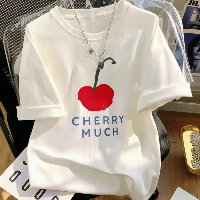 Áo Thun Nữ Màu Trắng Họa Tiết Cherry Vẽ Tay, Phong Cách Thiếu Nữ Ngọt Ngào, Chất Cotton Mềm Mại, Form Rộng.