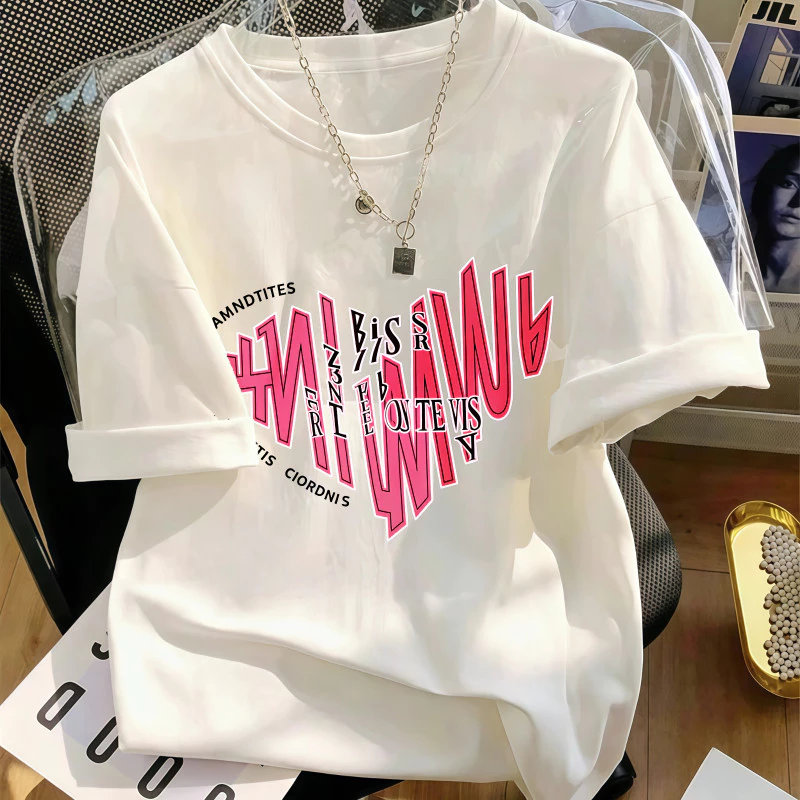 Áo Thun Nữ Màu Trắng In Họa Tiết Trái Tim Nghệ Thuật, Phong Cách Dễ Phối Đồ Hàng Ngày, Chất Cotton Mềm Mại, Form Rộng.
