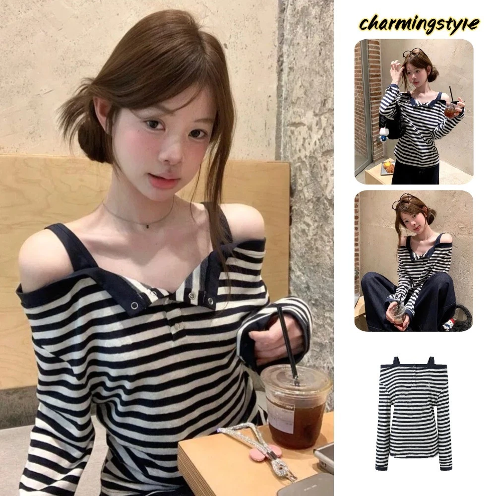 Áo Thun Nữ Dài Tay Trễ Vai Họa Tiết Kẻ Sọc, Dáng Rộng, Phong Cách Và Đa Năng (Phù Hợp Cho Mùa Xuân, Hè Và Thu)
