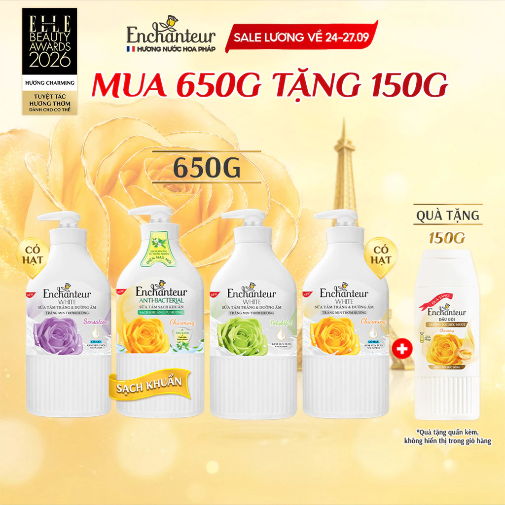 Sữa tắm trắng da hương nước hoa Pháp Enchanteur White 650g Hỗ trợ mờ thâm với Kem sữa tươi+ Niacinamide