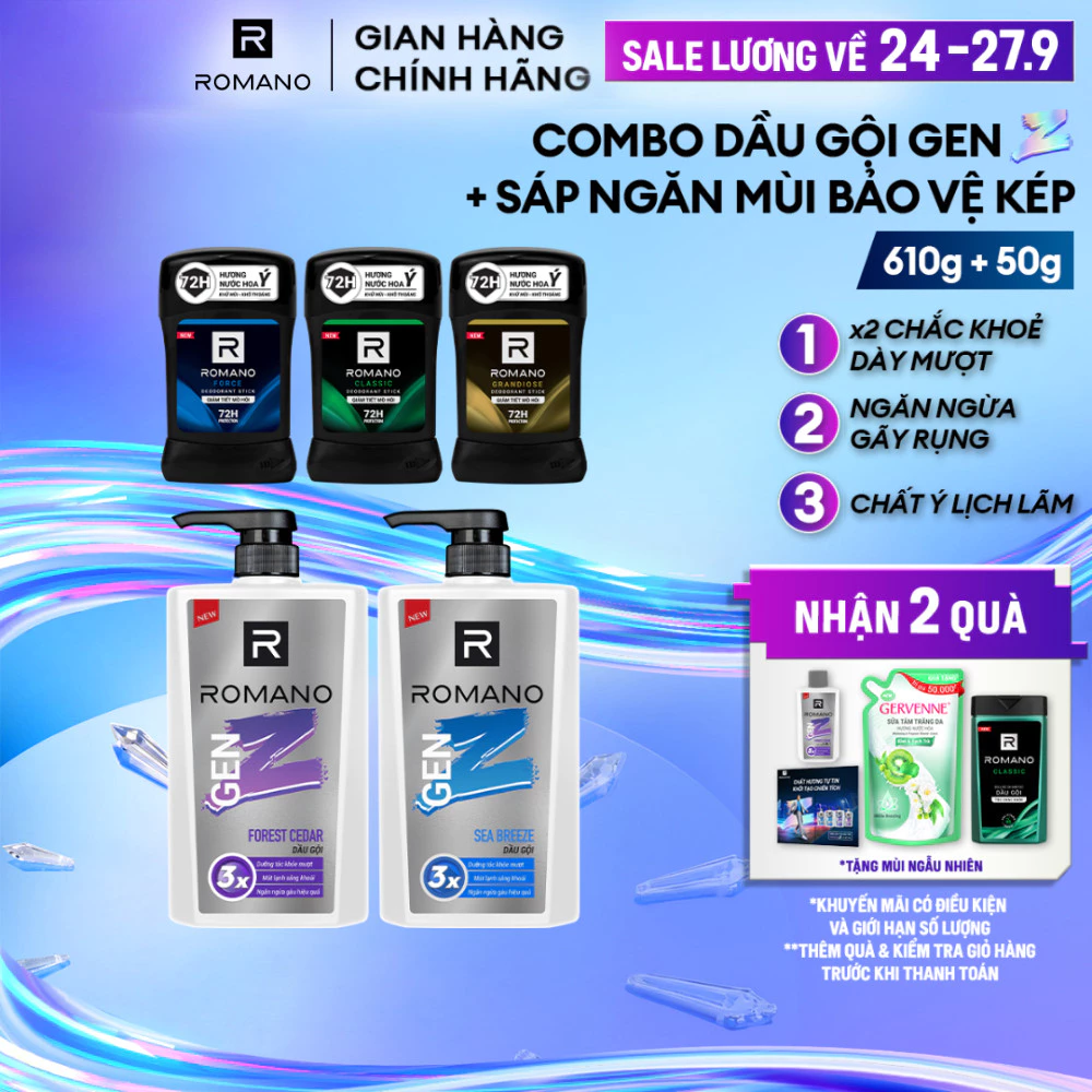 Combo Sáp ngăn mùi cho nam Romano 50g + Dầu gội GenZ 610g