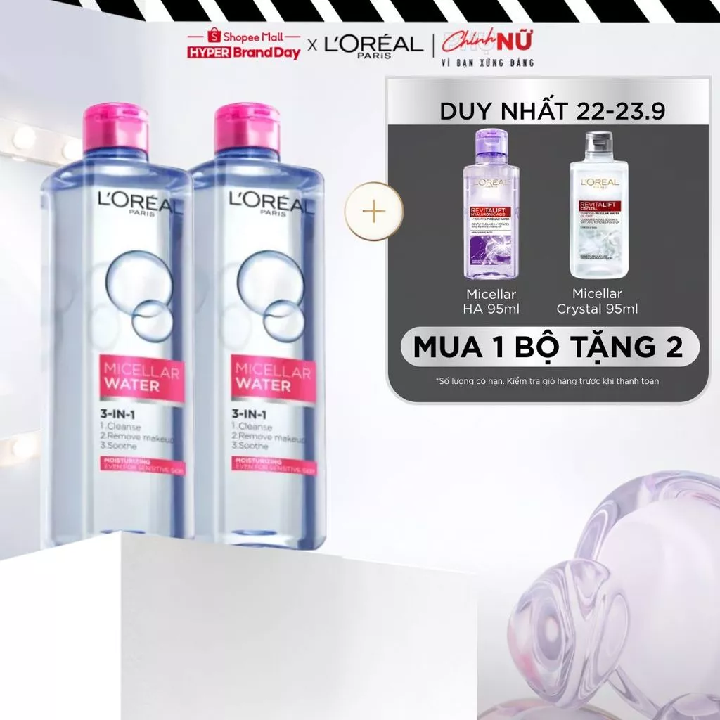 Bộ 2 nước tẩy trang dưỡng ẩm mượt da 3in1 L'Oreal Paris Micellar Water 400ml