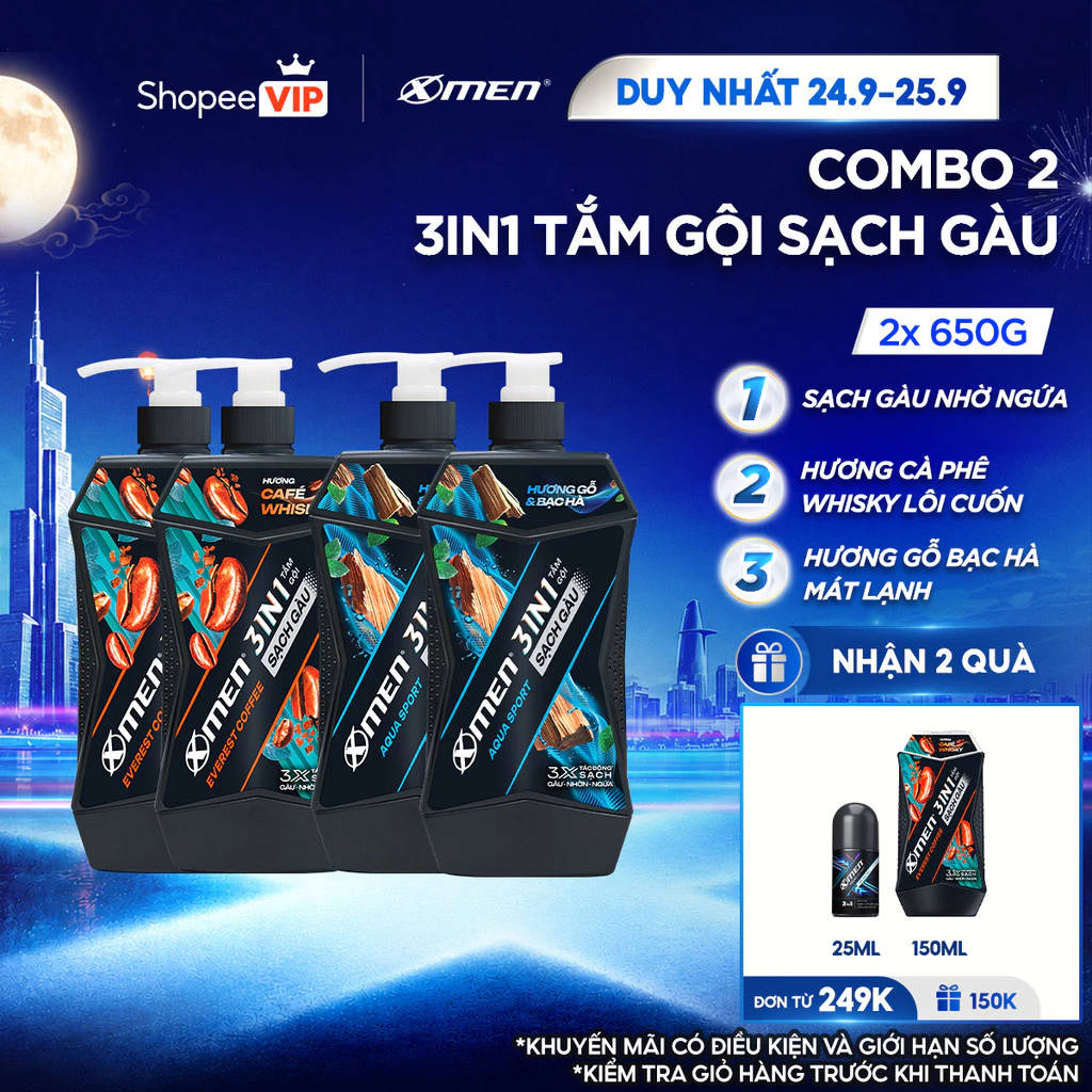 [SVIP] [MỚI] Combo 2 Tắm Gội Sạch Gàu 3in1 Xmen Everest Coffee & Aqua Sport 610g/chai, Sạch Gàu-Nhờn-Ngứa, Mùi Hương Nam