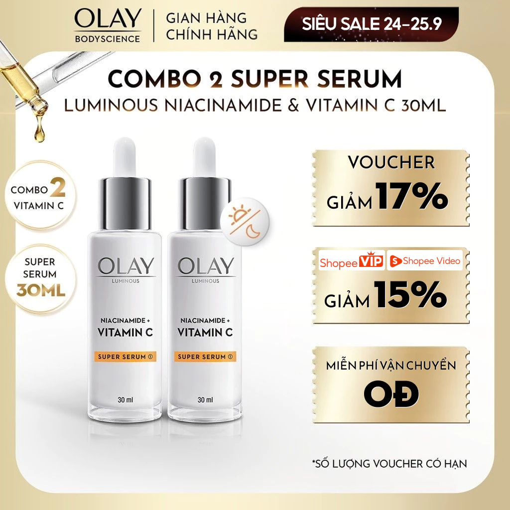 [LIVE] Combo 2 Super Serum OLAY Luminous Niacinamide & Vitamin C Mờ Thâm, Đốm Nâu, Dưỡng Sáng Da 30ML