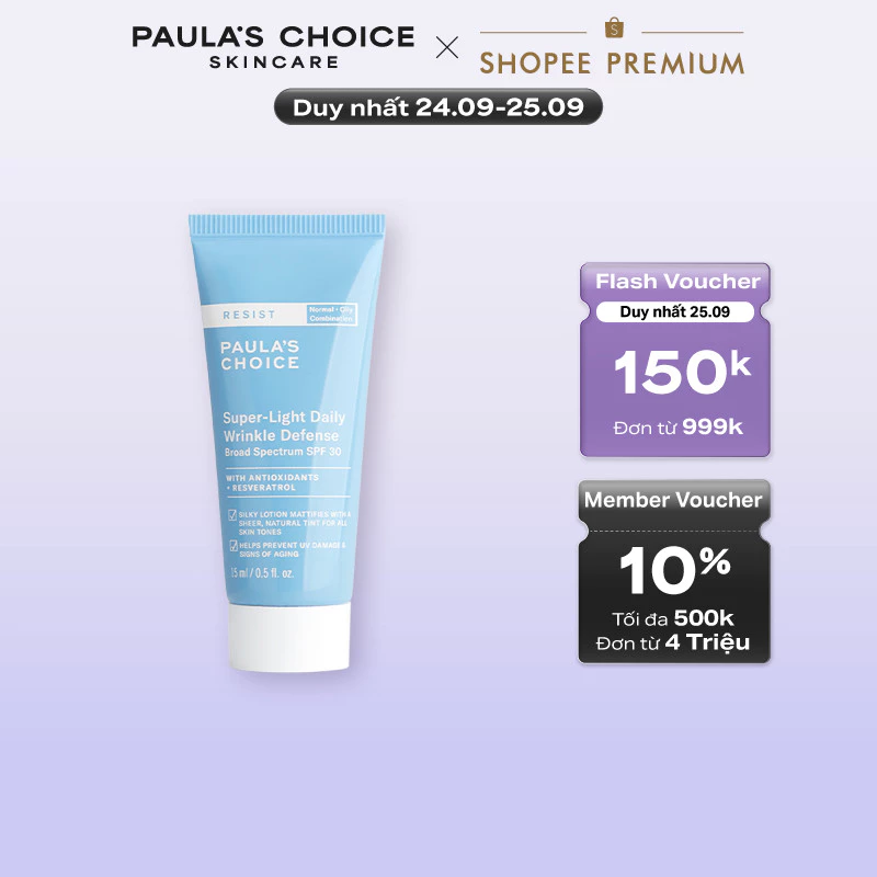 Kem chống nắng nâng tone cấp ẩm Paula's Choice Resist Super-Light Daily Wrinkle Defense Broad Spectrum SPF 30 15ml 7767