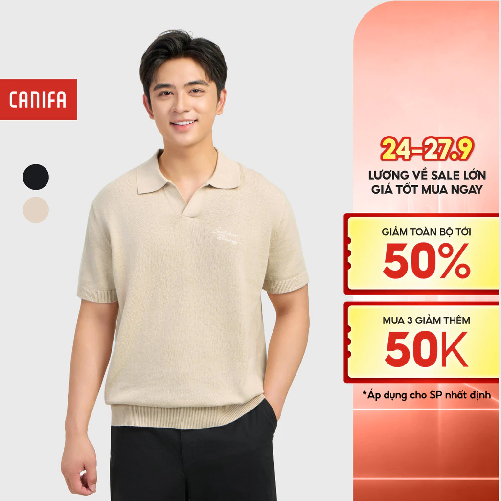 Áo polo len nam ngắn tay CANIFA cotton linen dáng rộng 8TE26C001