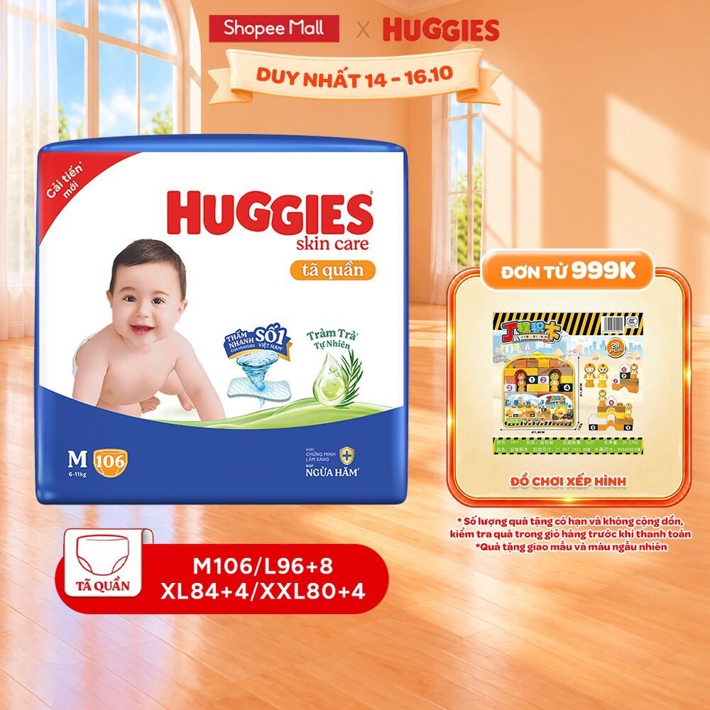 Tã/Bỉm quần Huggies Skincare Mega Jumbo M106/L96+8/XL84+4/XXL76+4 với tràm trà…