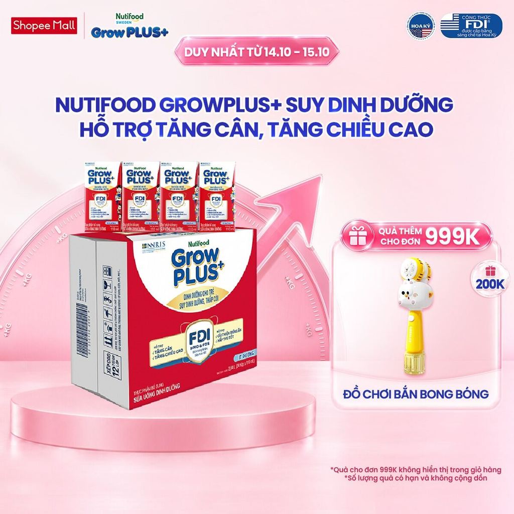 Thùng 24 hộp SBPS Nutifood GrowPLUS+ Suy Dinh Dưỡng (Đỏ) Ít đường 110ml - Tăng Cân, Tăng Chiều Cao (Bao bì tùy lô hàng)