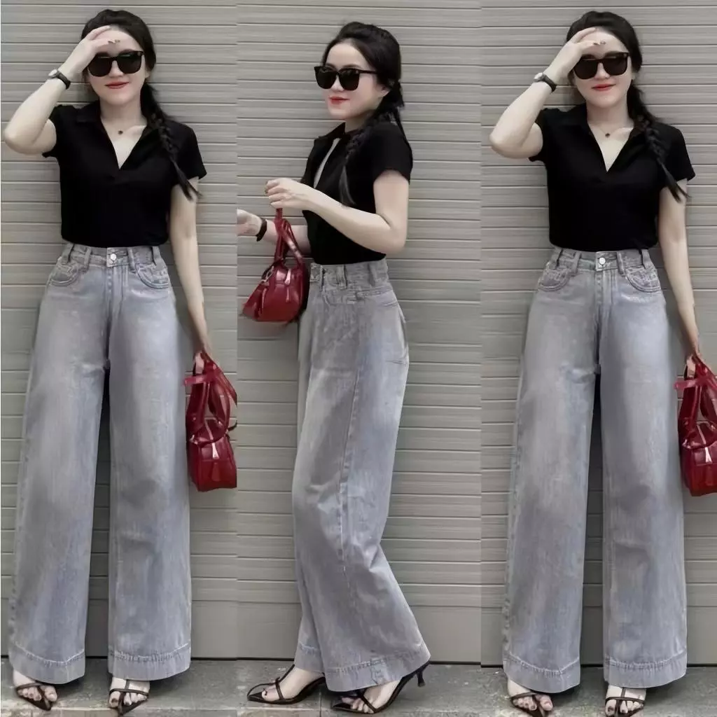Xuông jeans Xám ống rộng gấu to nữ , quần jeans nữ , quần jeans nữ ống rộng 30cm , dài 94cm dành cho nấm lùn