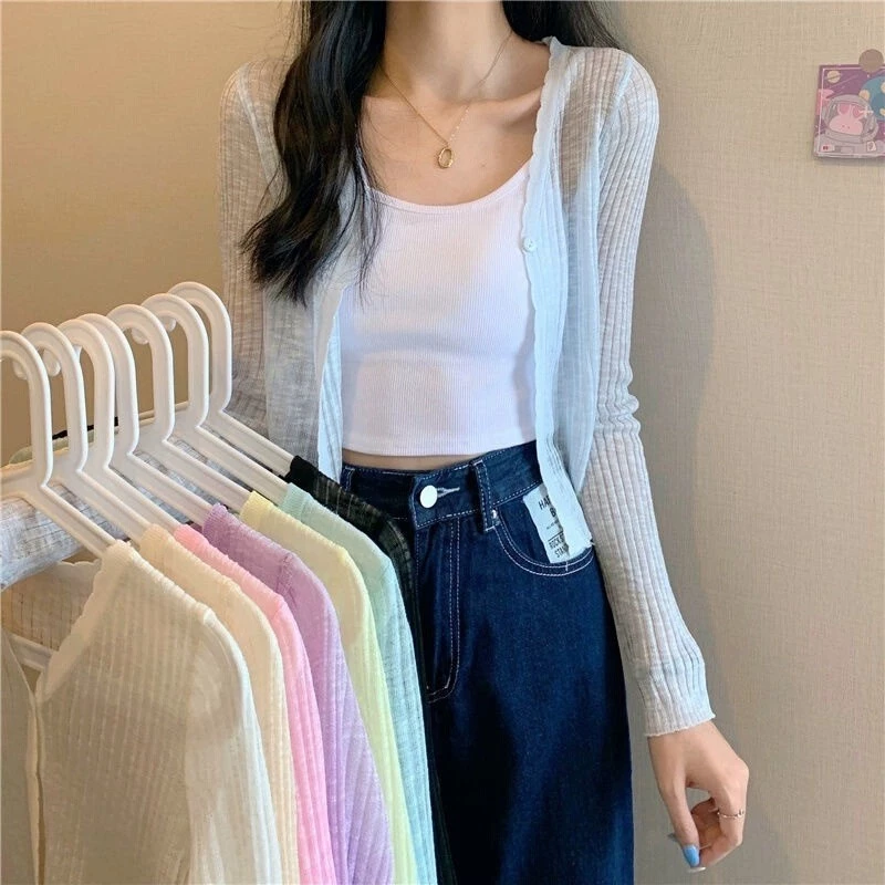 Áo khoác cardigan nữ tay dài kiểu cổ V dáng ngắn len mỏng chống nắng hàng dệt kim đẹp phong cách ulzzang Hàn Quốc