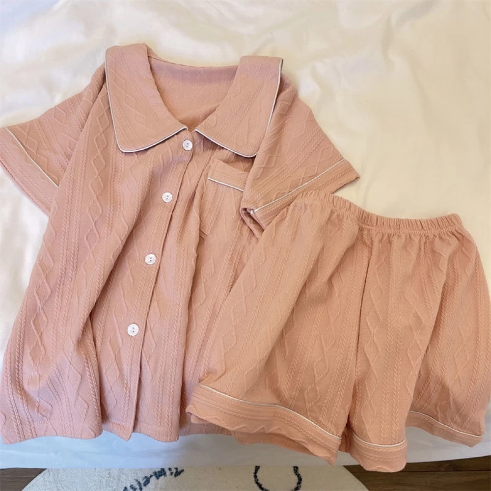 Bộ Đồ Ngủ Jacquard Bông Nữ Phong Cách Hàn - Pijama Tay Ngắn Quần Ngắn Mùa Hè Mặc Ngoài B17550