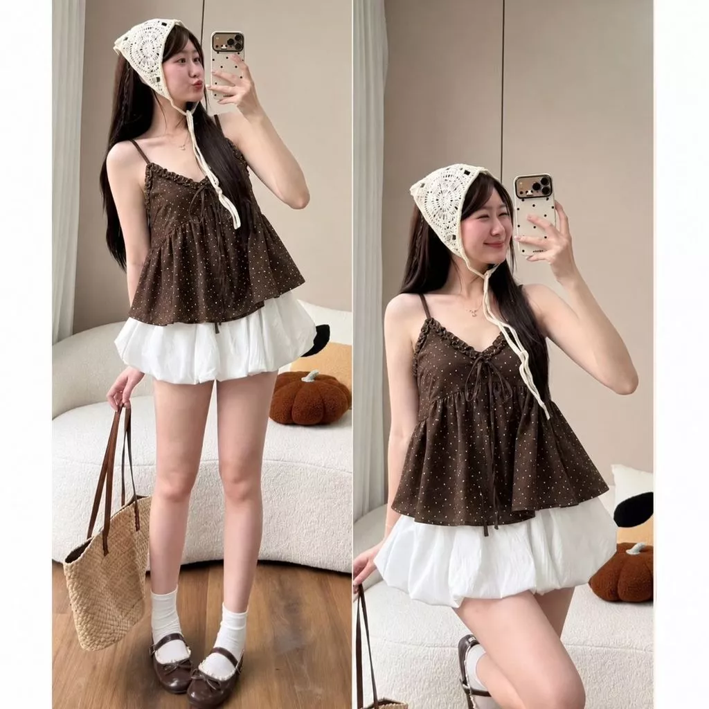 Áo 2 Dây Viền Bèo Nơ Ngực Chun,Áo Kiểu Hoa Nhí Dáng Suông Chất Đũi Thoáng Mát Phong Cách Hàn