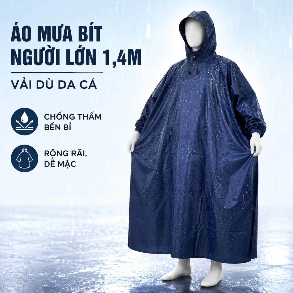 Áo Mưa Bít Sườn Vải Dù Da Cá Người Lớn Dài 1,4m, Áo Mưa Không Xẻ Tà Che Balo Đủ Màu