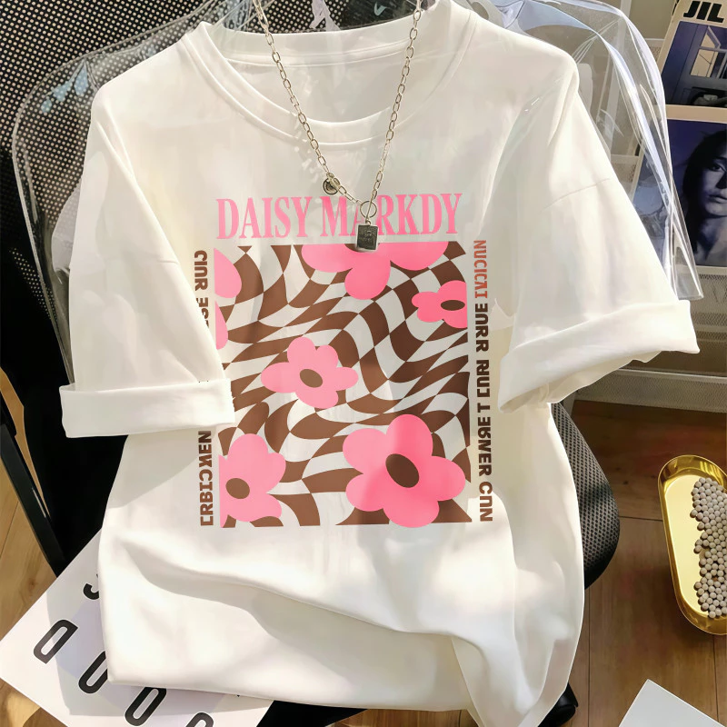 Áo Thun Nữ Màu Trắng In Họa Tiết Hoa Màu Hồng, Phong Cách Casual Hàng Ngày, Chất Cotton Mềm Mại, Form Rộng.