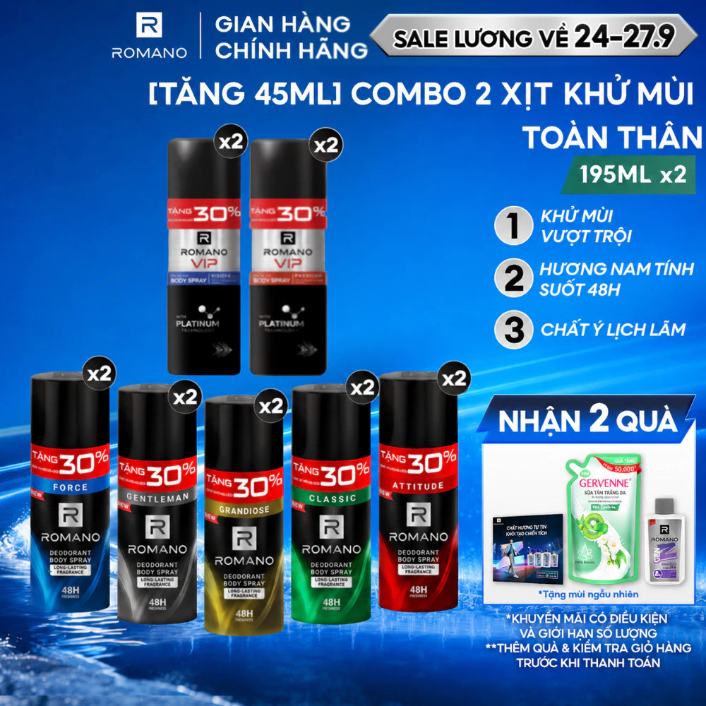 [SVIP] [Tăng 45ml dung tích] Combo 2 Xịt khử mùi cho nam Romano Ngăn mồ hôi và mùi cơ thể 48H 195ml - 150ml/chai