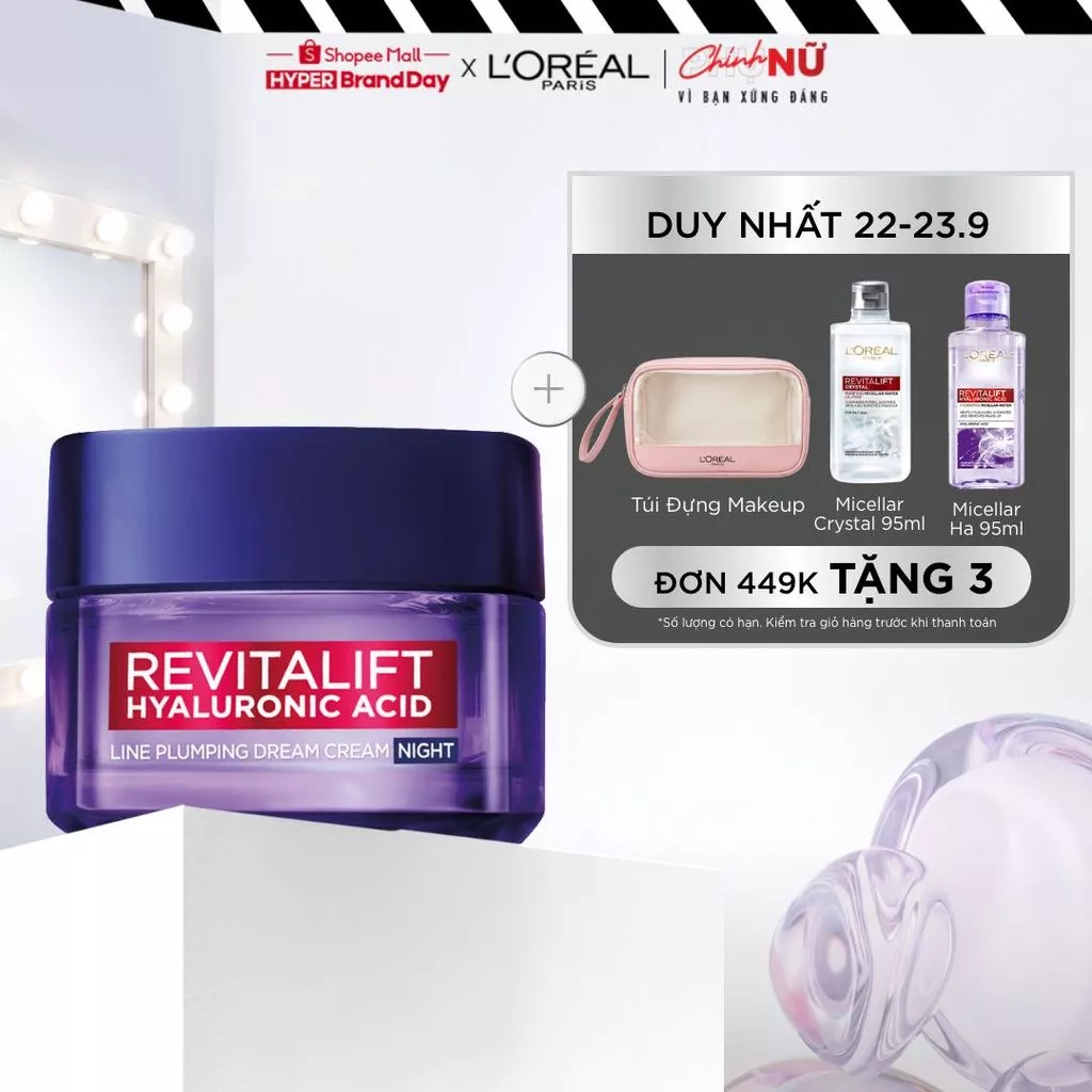 Kem dưỡng ban đêm ngừa rãnh nhăn nông, chống lão hóa Revitalift HA Line Plumping Dream Cream L'Oréal Paris 50ml