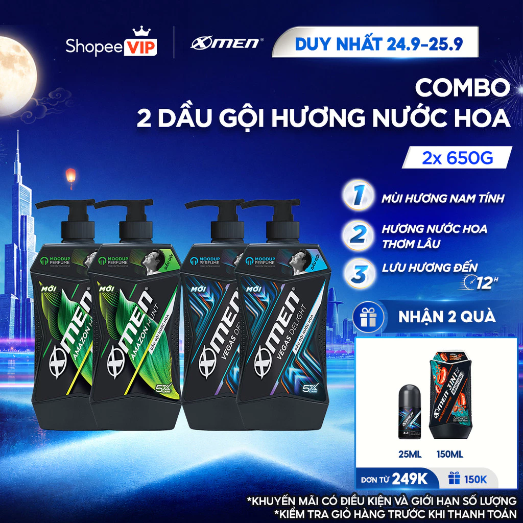 [SVIP] [MỚI] Combo 2 Dầu Gội Nam XMen 630g 650g/chai Amazon/Vegas/Wood/Fire - Mùi Hương Nam Tính, Sạch Sâu Lưu Hương 12H
