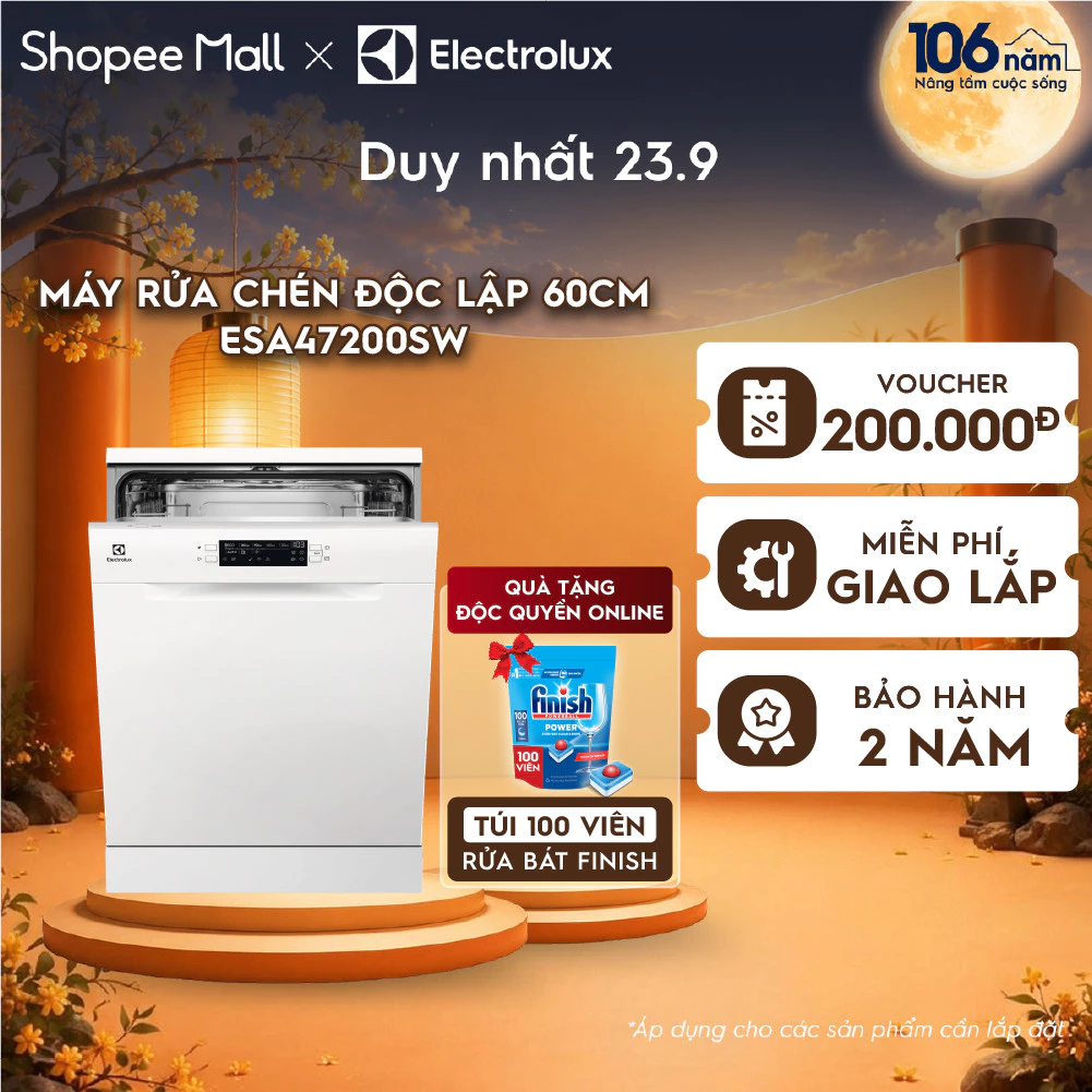 [Tặng 100 viên Finish]Free giao lắp - Máy rửa chén độc lập Electrolux 60 cm UltimateCare 300 cho 13 bộ chén đĩa ESA47200