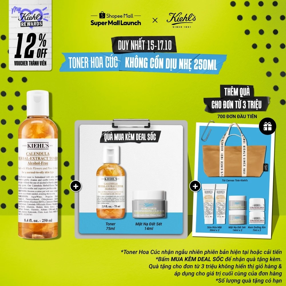 Nước cân bằng hoa cúc Kiehl's Calendula Herbal Extract Alcohol-Free Toner 250ml