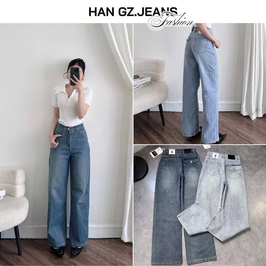 Quần Jean Nữ HAN.Gz Trơn Dáng Xuông Lưng Cao Thanh Lịch R017 Chất Liệu Mềm Mại Thoáng Mát Phong Cách