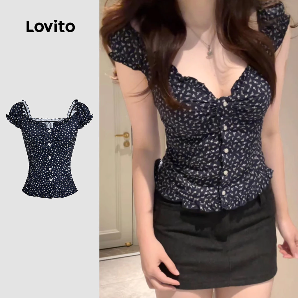 Lovito Áo sơ mi nữ xuân hè casual cổ bồng viền xếp ly màu xanh đậm L139AD256