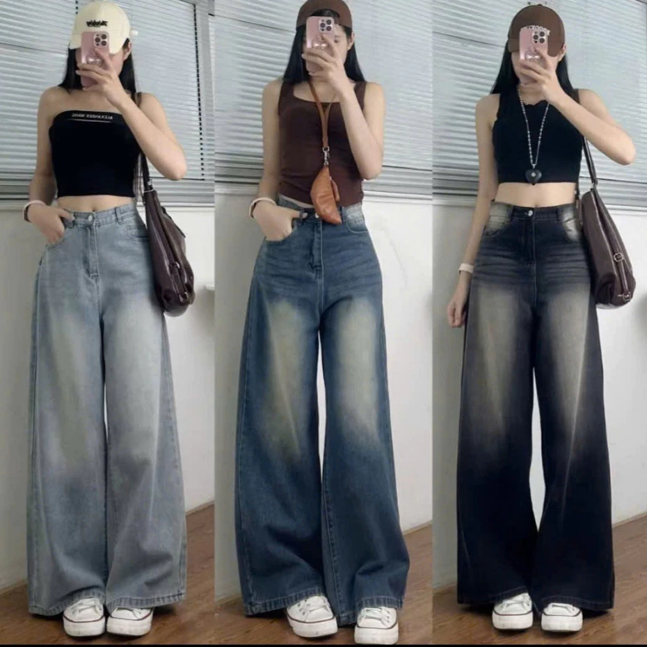 Quần jean nữ ống rộng, quần baggy nữ ống suông basic chất demin cạp cao thời trang Bi shop173 ms072