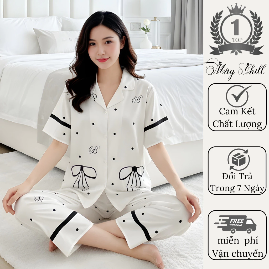 Bộ Pyjama Nữ Cộc Dài Cổ Bẻ Chất Lụa Cát Mềm Mịn Hoa Tiết Chấm Bi Sang Trọng Cá Tính Size 40-68kg