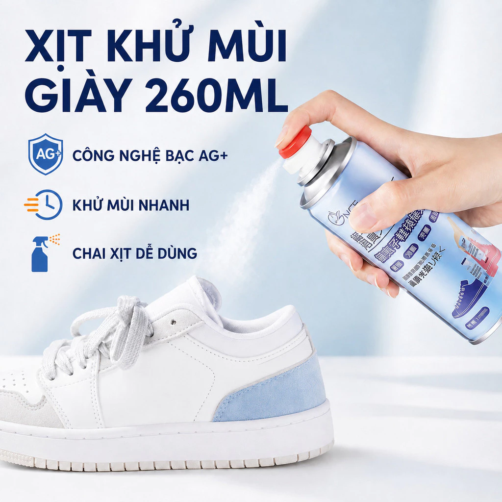 Bình Xịt Khử Mùi Giày 260ml Công Nghệ Bạc AG+, Chống Hôi Chân, Ngăn Mồ Hôi, Diệt Khuẩn, Hiệu Quả Đến 24h