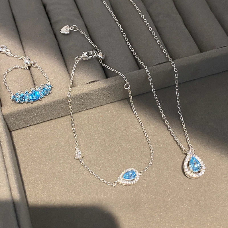 Shining Blue Zircon Mặt Dây Chuyền Vòng Cổ Xương Đòn Dây Chuyền Cao Cấp Tinh Tế Vòng Cổ Nữ
