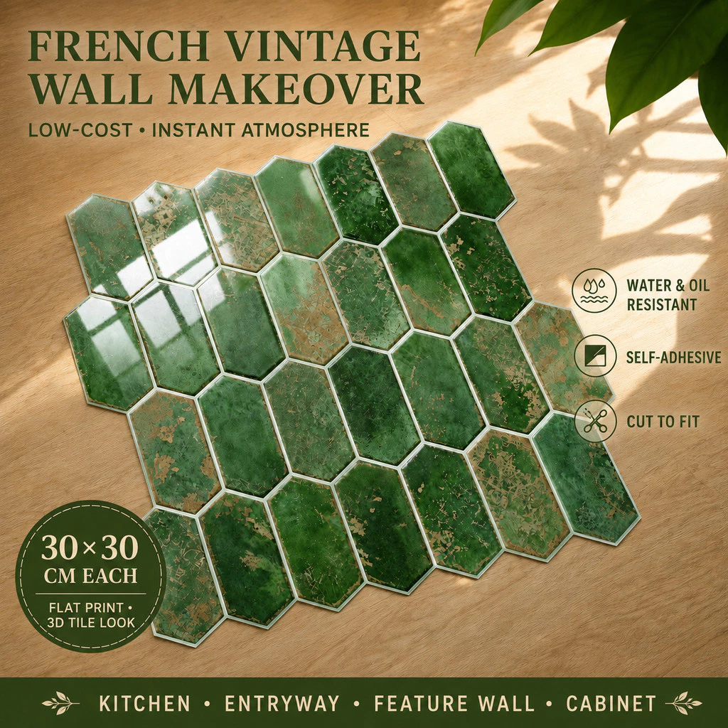 Miếng Dán Tường PVC Lục Giác Dài Vintage 30x30cm Tự Dính Chống Nước, Dầu Chịu Nhiệt Cắt Được Trang Trí Bếp Tủ Phòng Tắm