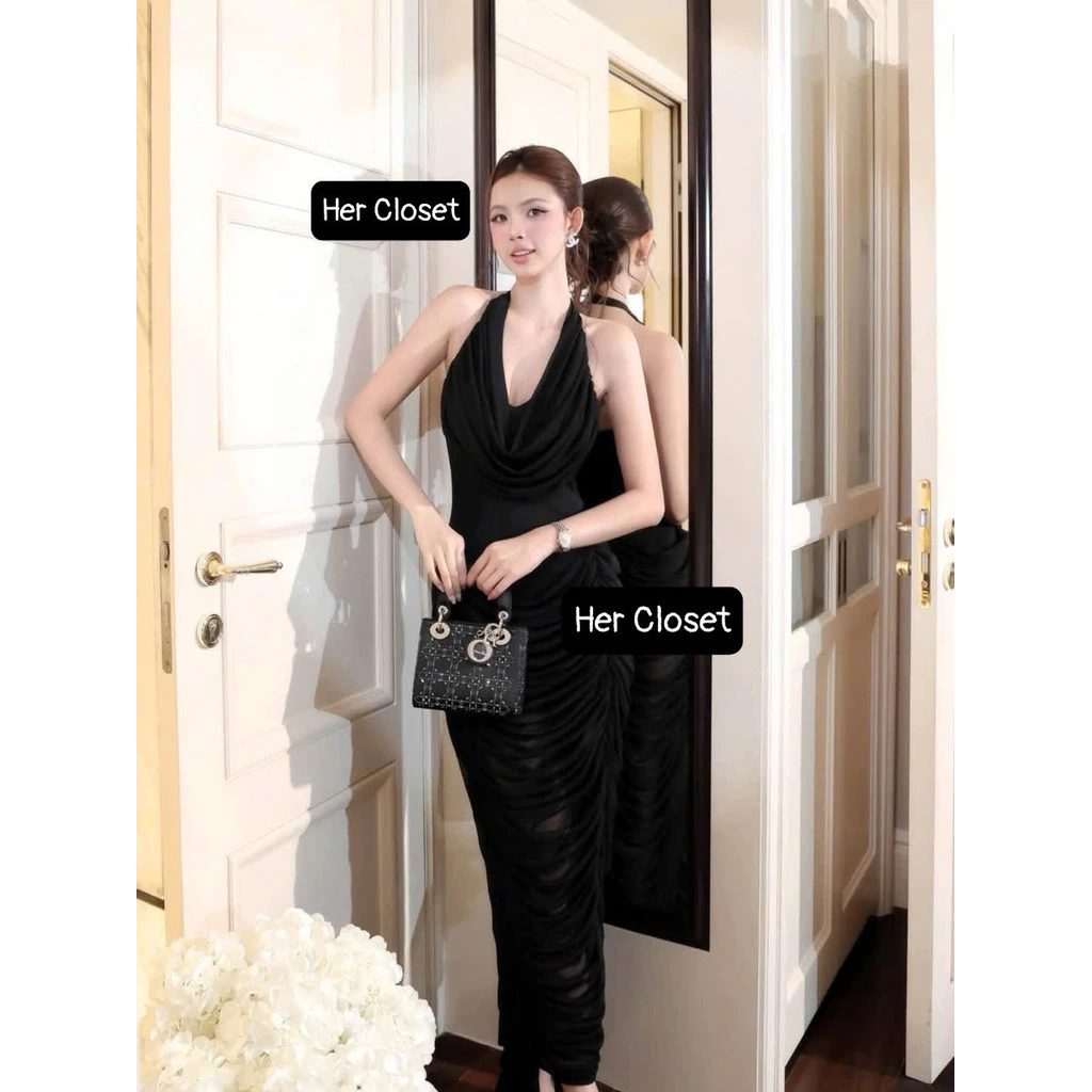 [HÀNG THIẾT KẾ] Váy cổ yếm nhún body hở lưng đầm cổ yếm dáng dài maxi sang chảnh đầm đi tiệc váy đi đám cưới, sẵ........