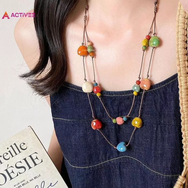 < Activee > Gốm đầy màu sắc Nelace Boho Phong cách thủ công có thể điều chỉnh Nelace Dây dệt đơn giản bằng gốm Nelace Đẹp