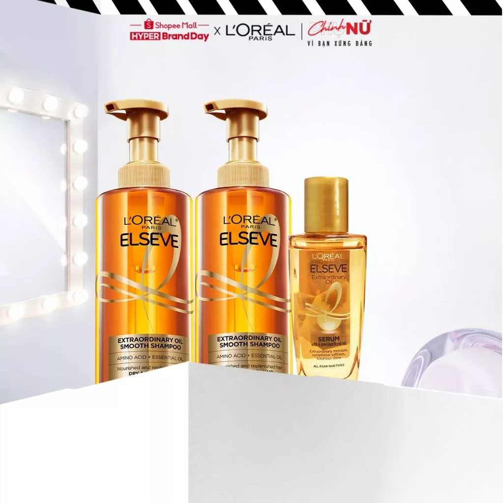Bộ dầu gội & dưỡng tóc suôn mượt cao cấp L'Oreal Paris Extraordinary Oil Smooth 440ml & Elseve Extraordinary Oil 30ml