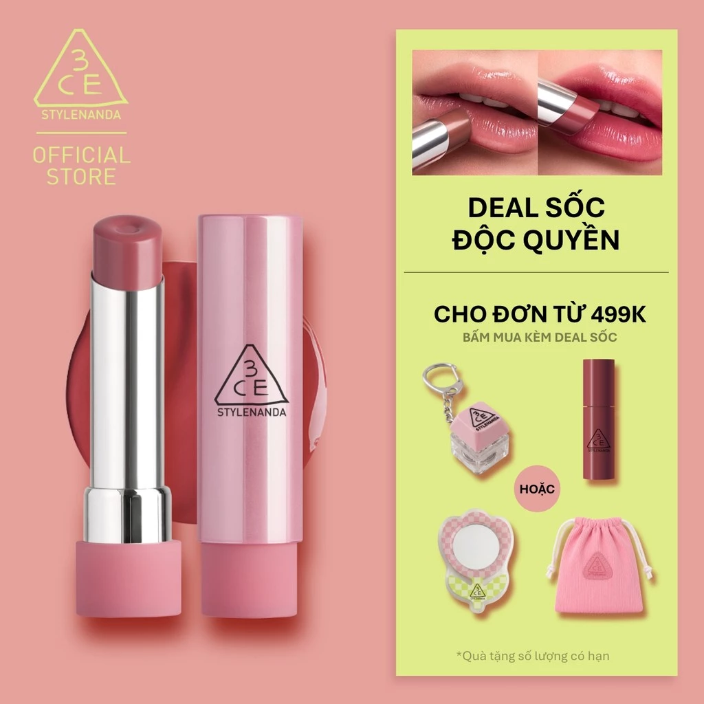 Son Bóng 3CE Glazy Lip Glow Dưỡng Môi Căng Mọng, Mềm Mịn, Lên Màu Chuẩn Sắc, Không Bết Dính, Tự Nhiên